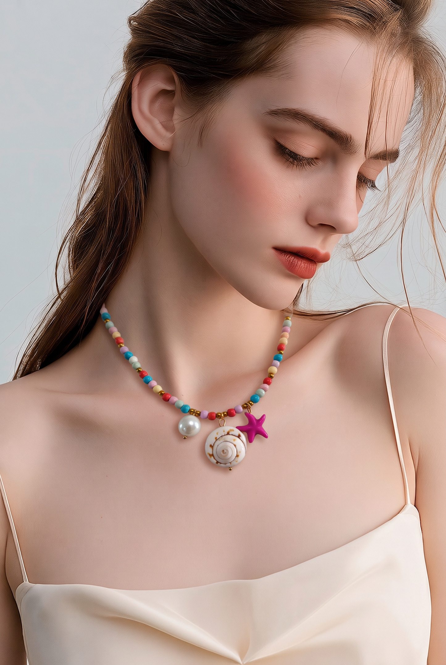 Collar Cuencas Multicolores Dije Caracol, Estrella y Perla