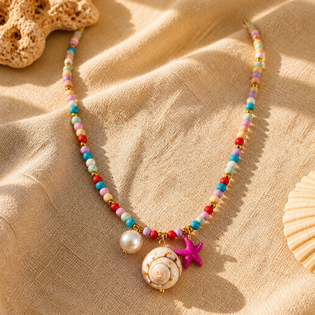 Collar Cuencas Multicolores Dije Caracol, Estrella y Perla
