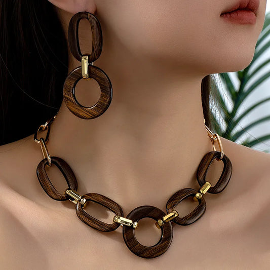 Collar y Aretes Retro Madera
