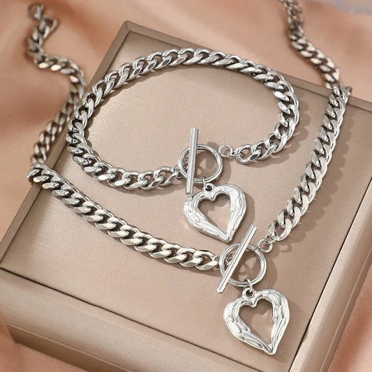 Collar y Pulsera Plateada Dije Corazón