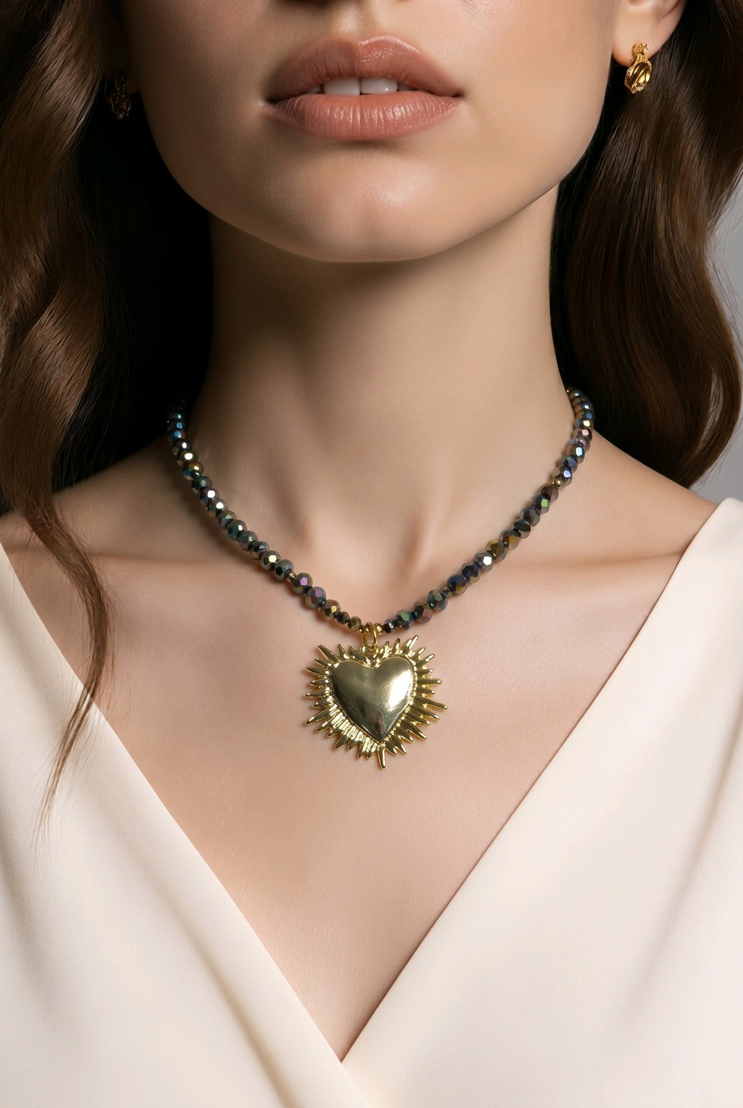 Collar Cuencas Cristal Tornasol Facetado Dije Corazón Dorado