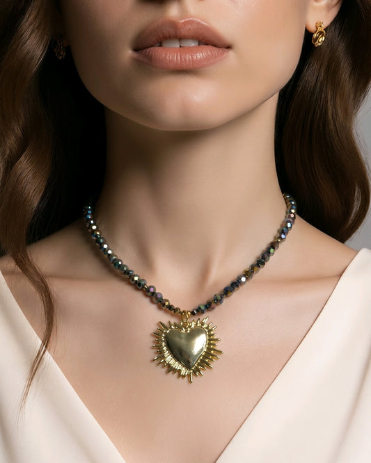 Collar Cuencas Cristal Tornasol Facetado Dije Corazón Dorado