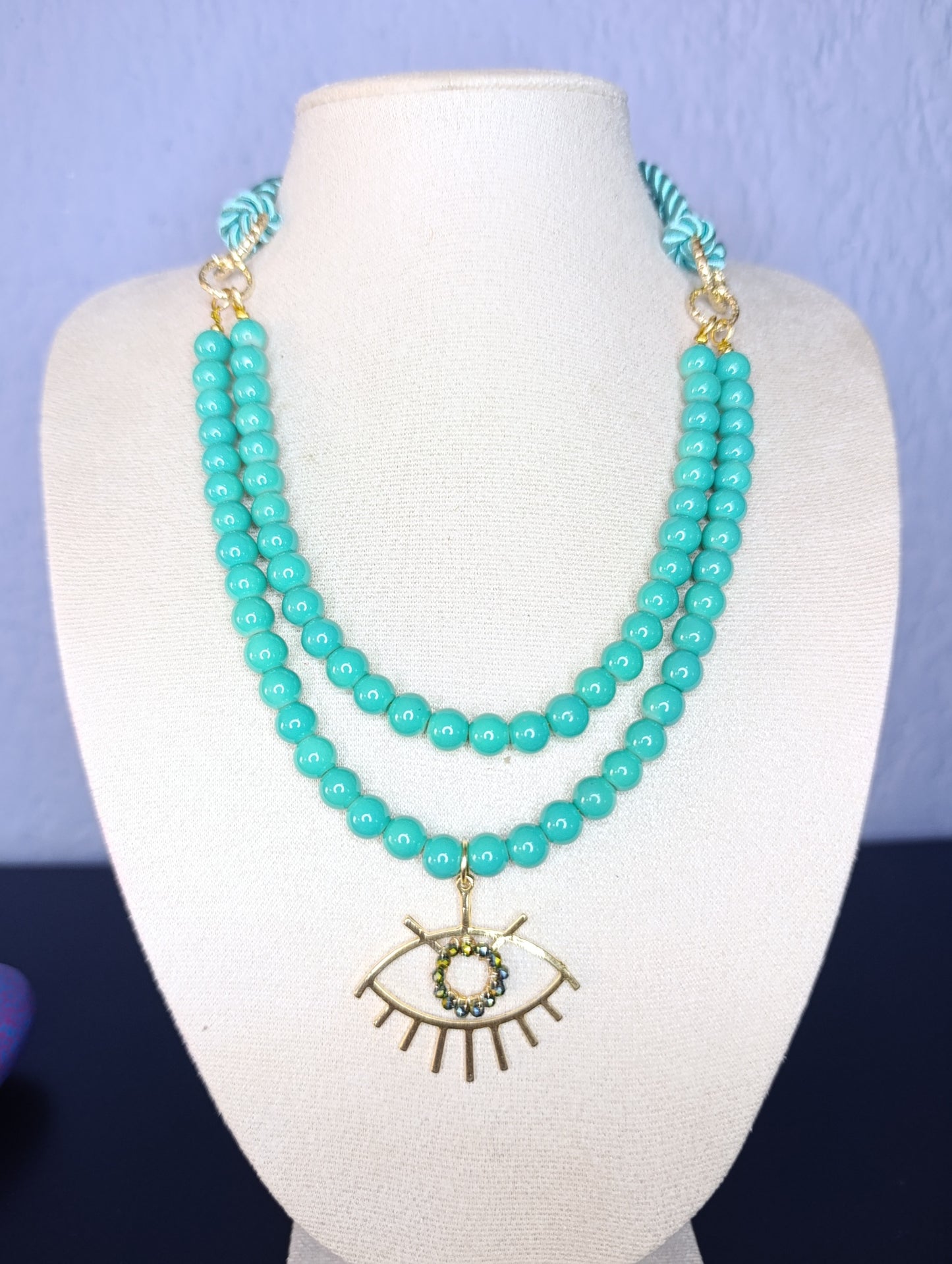 Collar Cordón y Cuencas Dobles Turquesa Dije Ojo Turco
