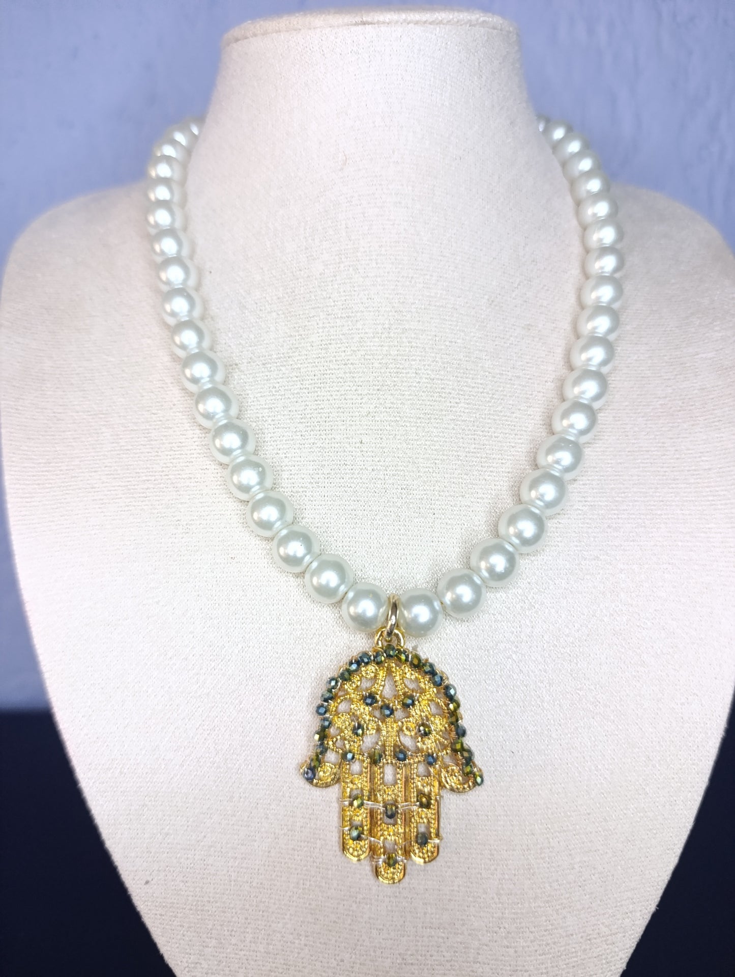 Collar Perlas Cristal Dije Mano Fátima