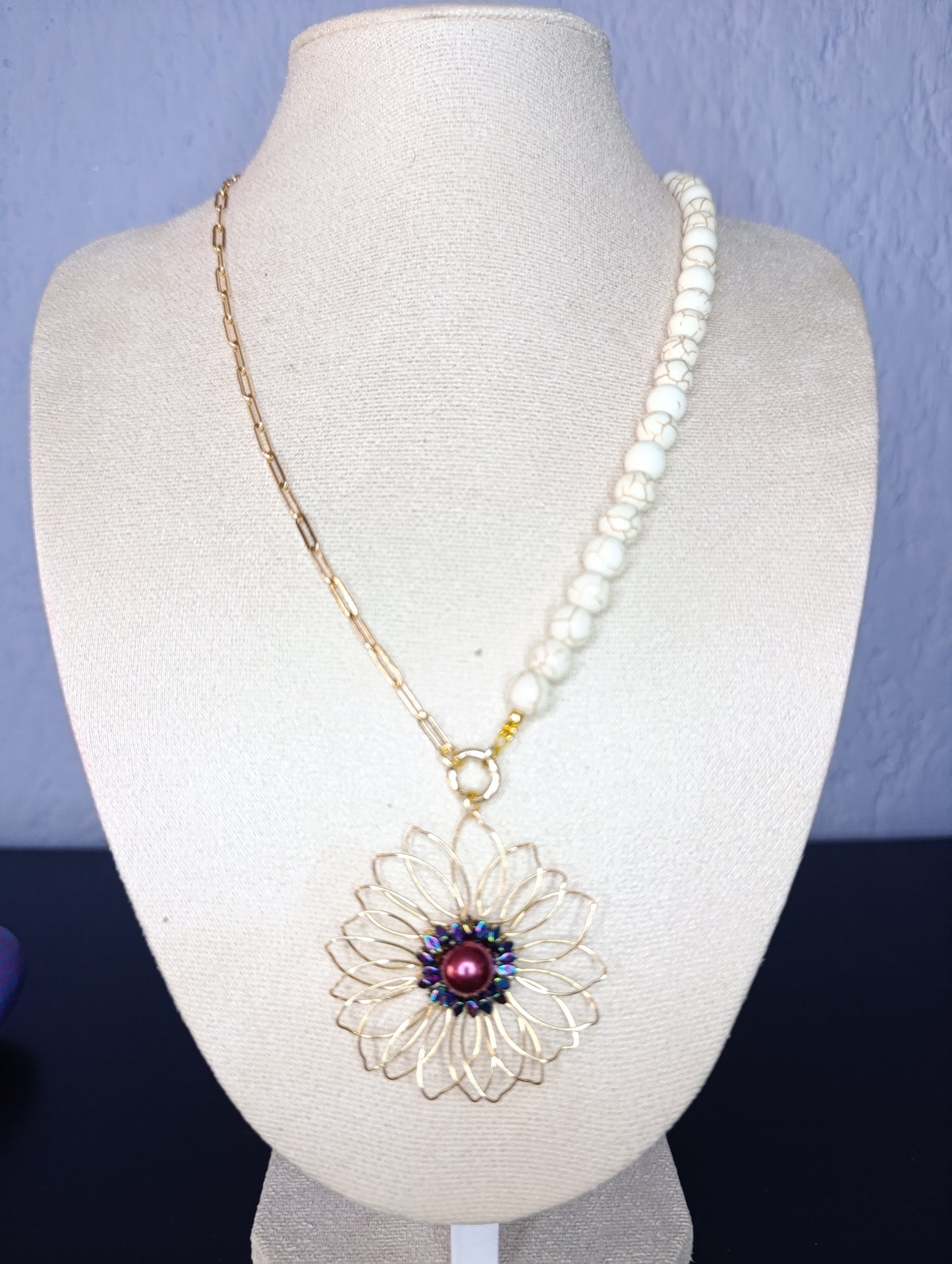 Collar Cuencas y Cadena Acero Dije Flor Alambrada