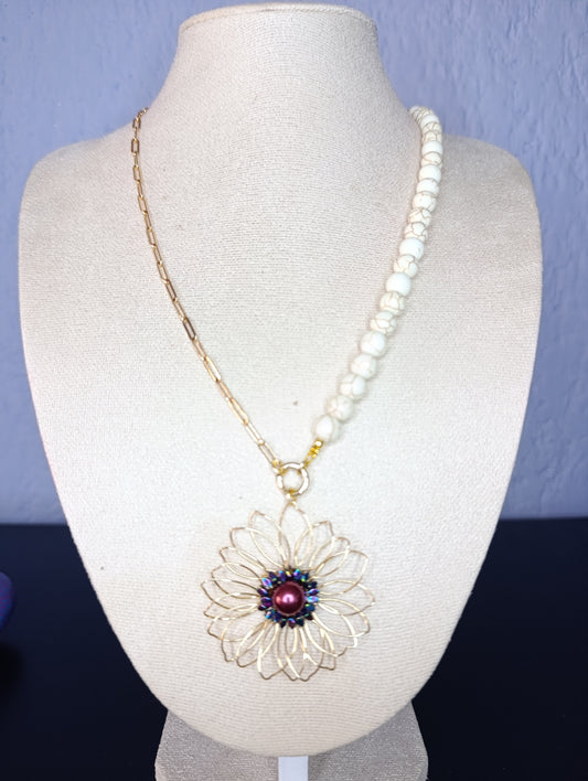 Collar Cuencas y Cadena Acero Dije Flor Alambrada