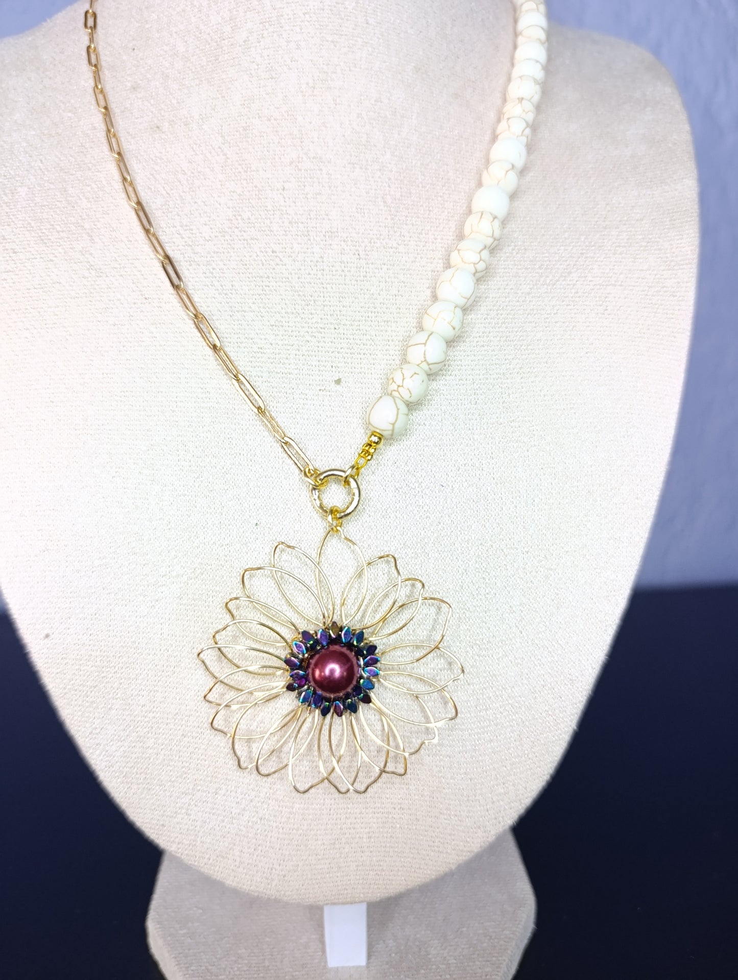 Collar Cuencas y Cadena Acero Dije Flor Alambrada