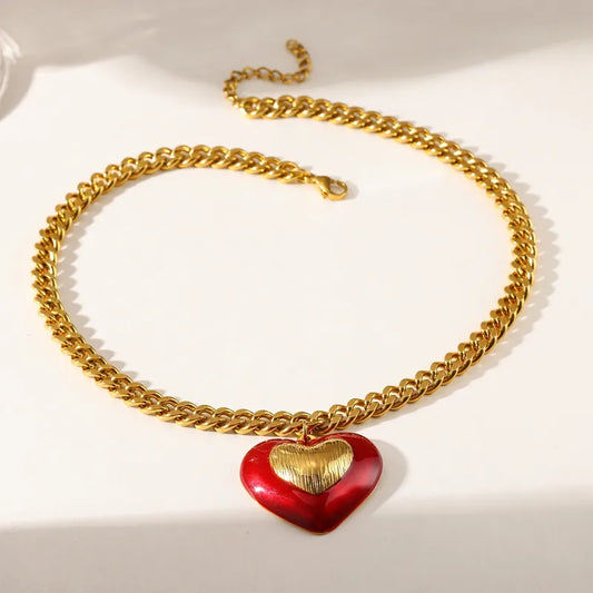 Collar Cadena Cubana Dorada Dije Corazón con Gota de Aceite