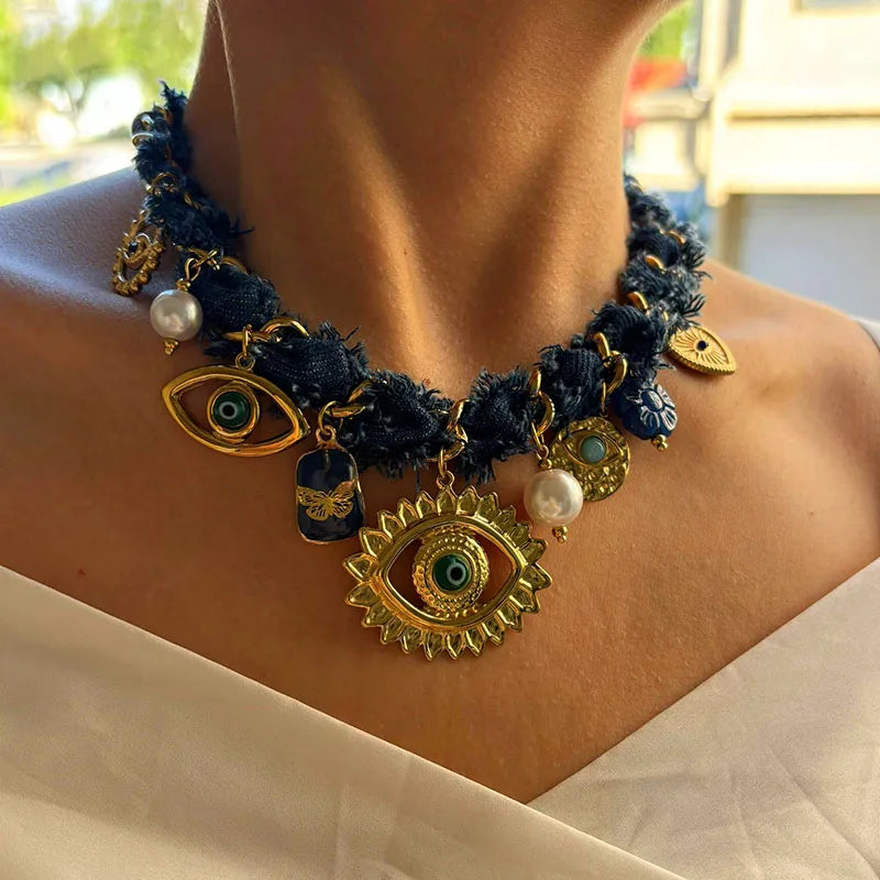 Collar Mezclilla Dijes Varios Ojo Turco