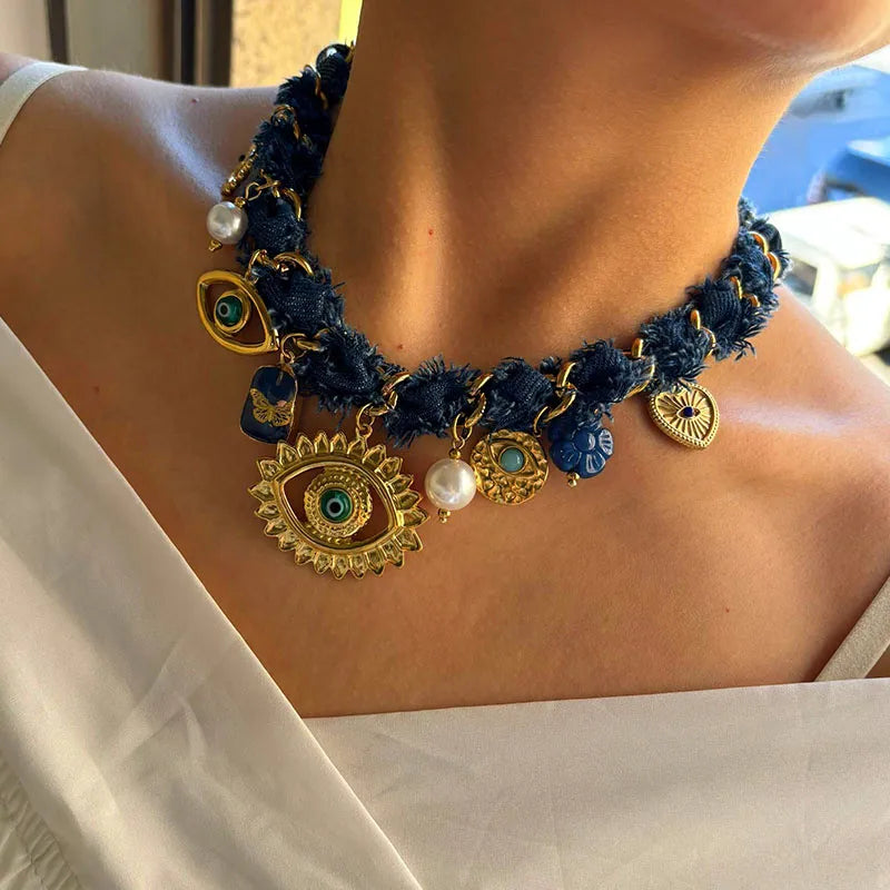 Collar Mezclilla Dijes Varios Ojo Turco