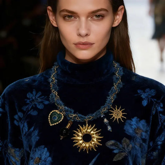 Collar Largo Mezclilla y Cadena Dorada Dijes Varios