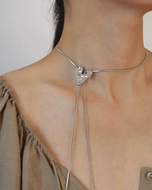 Collar Largo Súeter Plateado Corazón