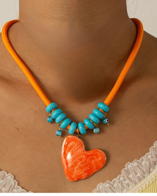 Collar Cordón Naranja Cuencas Azules Dije Corazón Naranja