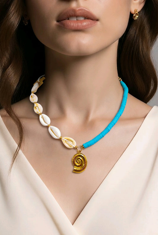 Collar Cuencas Arcilla Azul y Cuencas Caracoles Dije Caracol Dorado