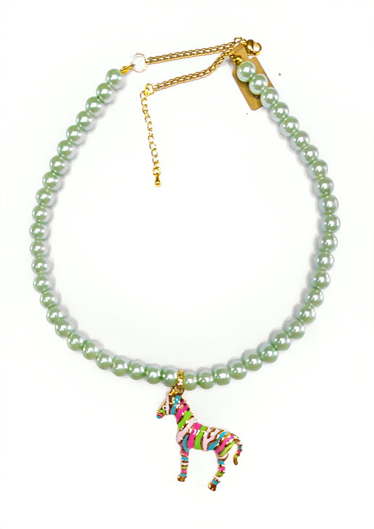 Collar Cuencas Perlas Verdes Dije Cebra Multicolor