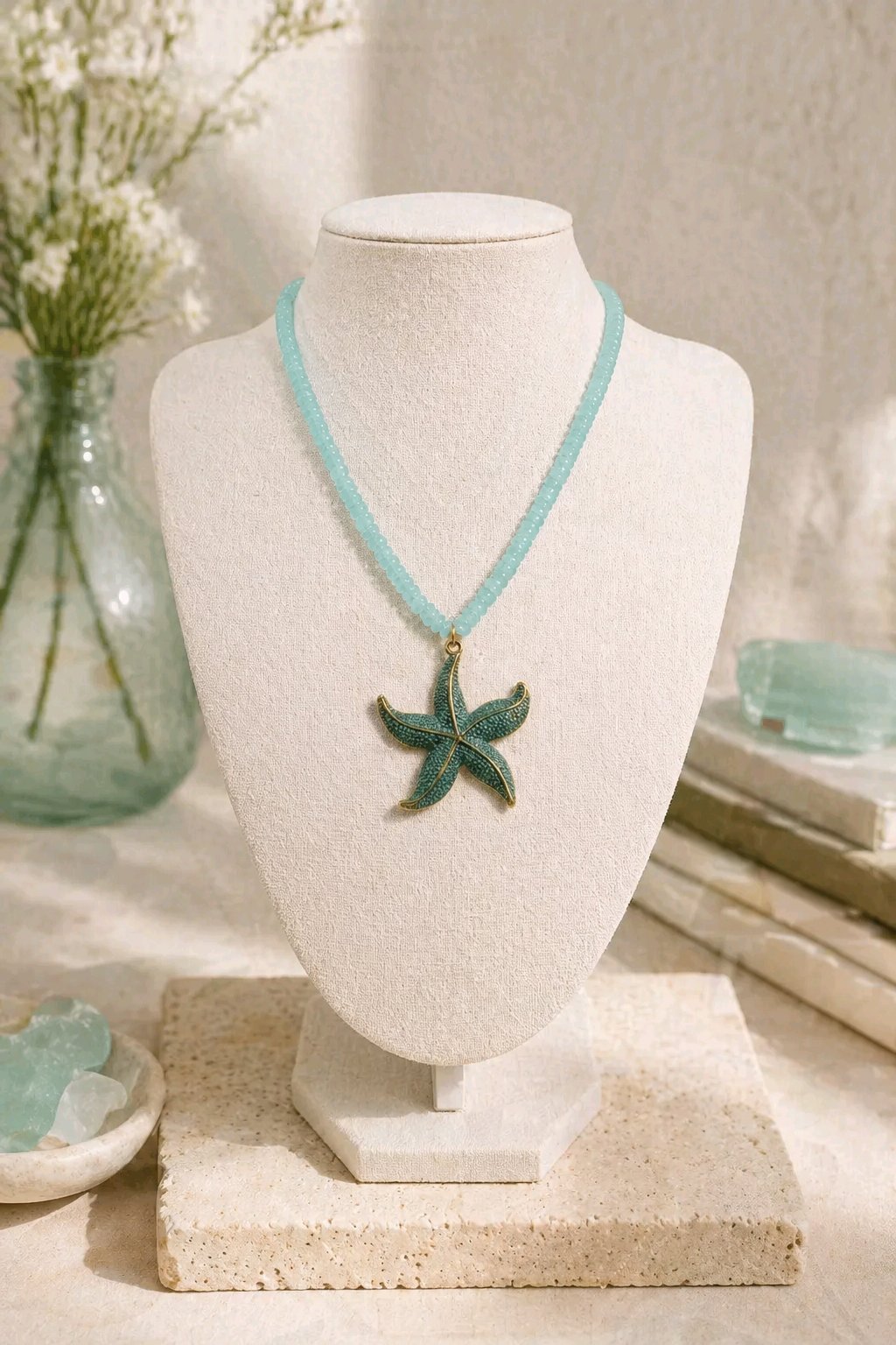 Collar Cuencas Plasticas Turquesa Dije Estrella Mar Verde Dorado
