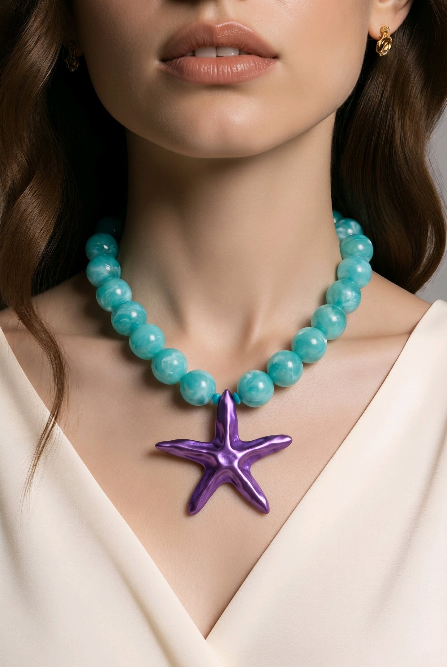 Collar Cuencas Vilma Turquesa 24 mm Dije Estrella Mar Púrpura
