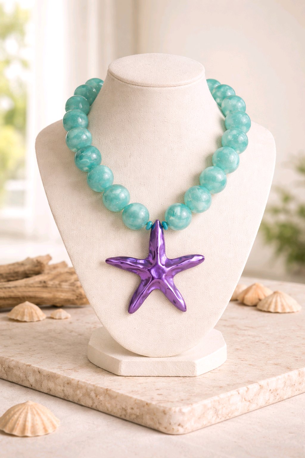 Collar Cuencas Vilma Turquesa 24 mm Dije Estrella Mar Púrpura