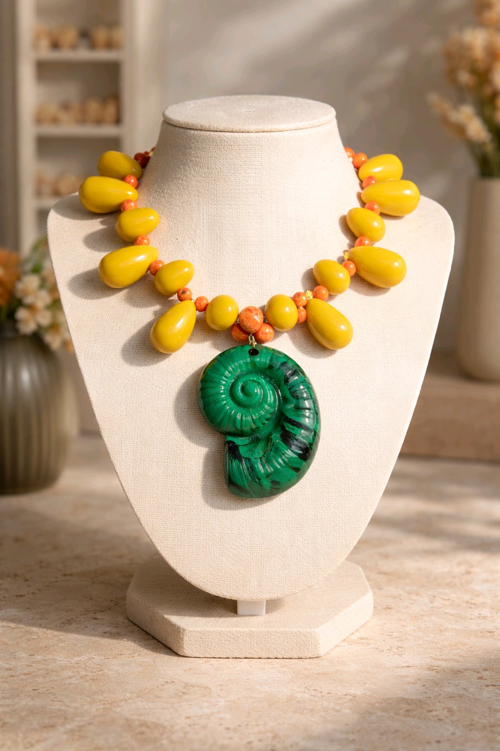 Collar Gotas Mostaza Dije Caracola Verde