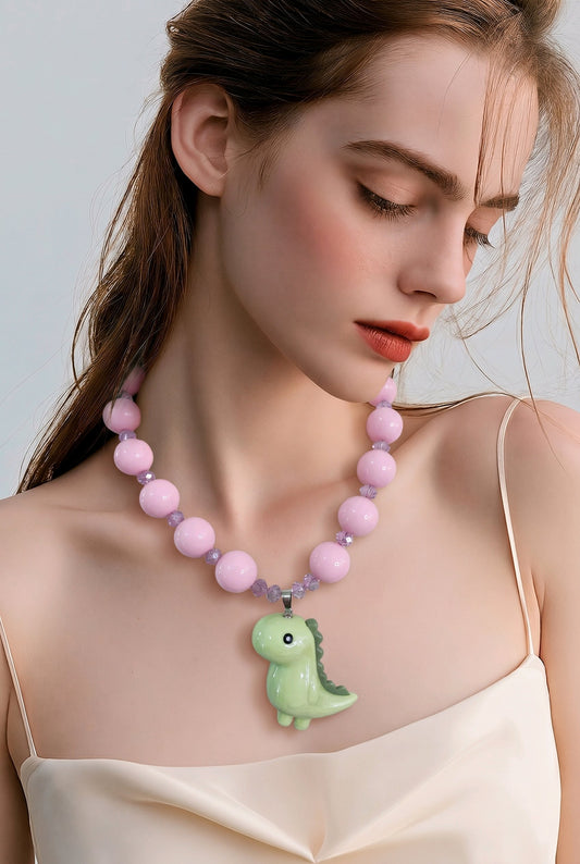 Collar Cuencas Rosadas Dije Dinosaurio Verde
