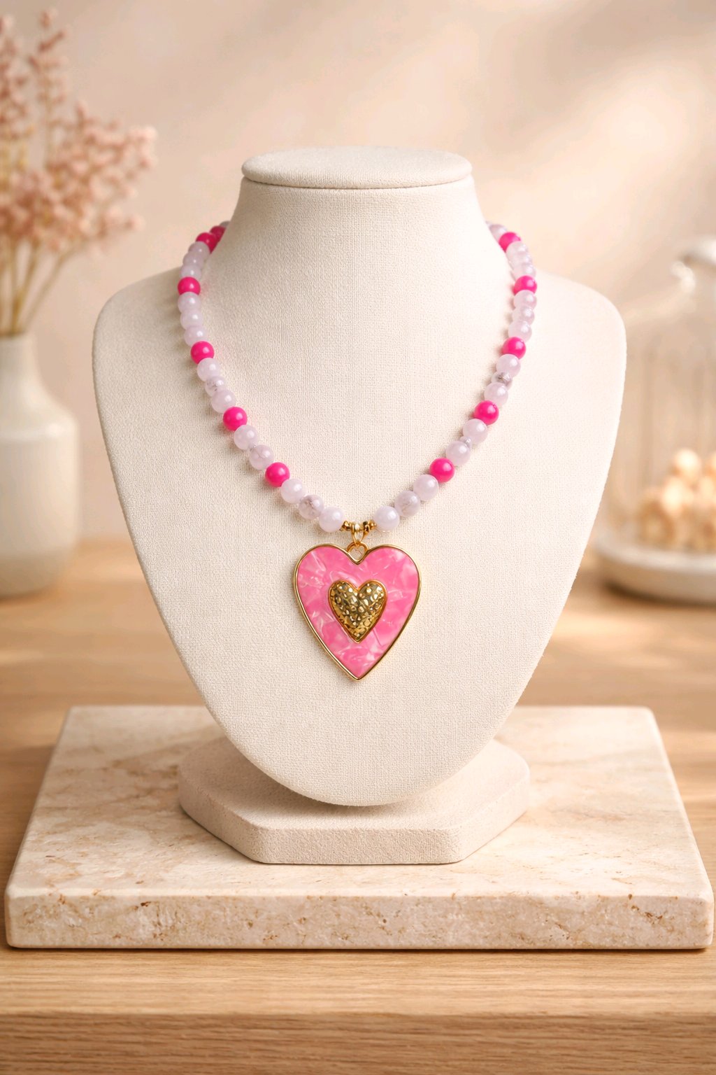 Collar Cuencas Piedra Mineral Jade Dije Corazón Fiusha
