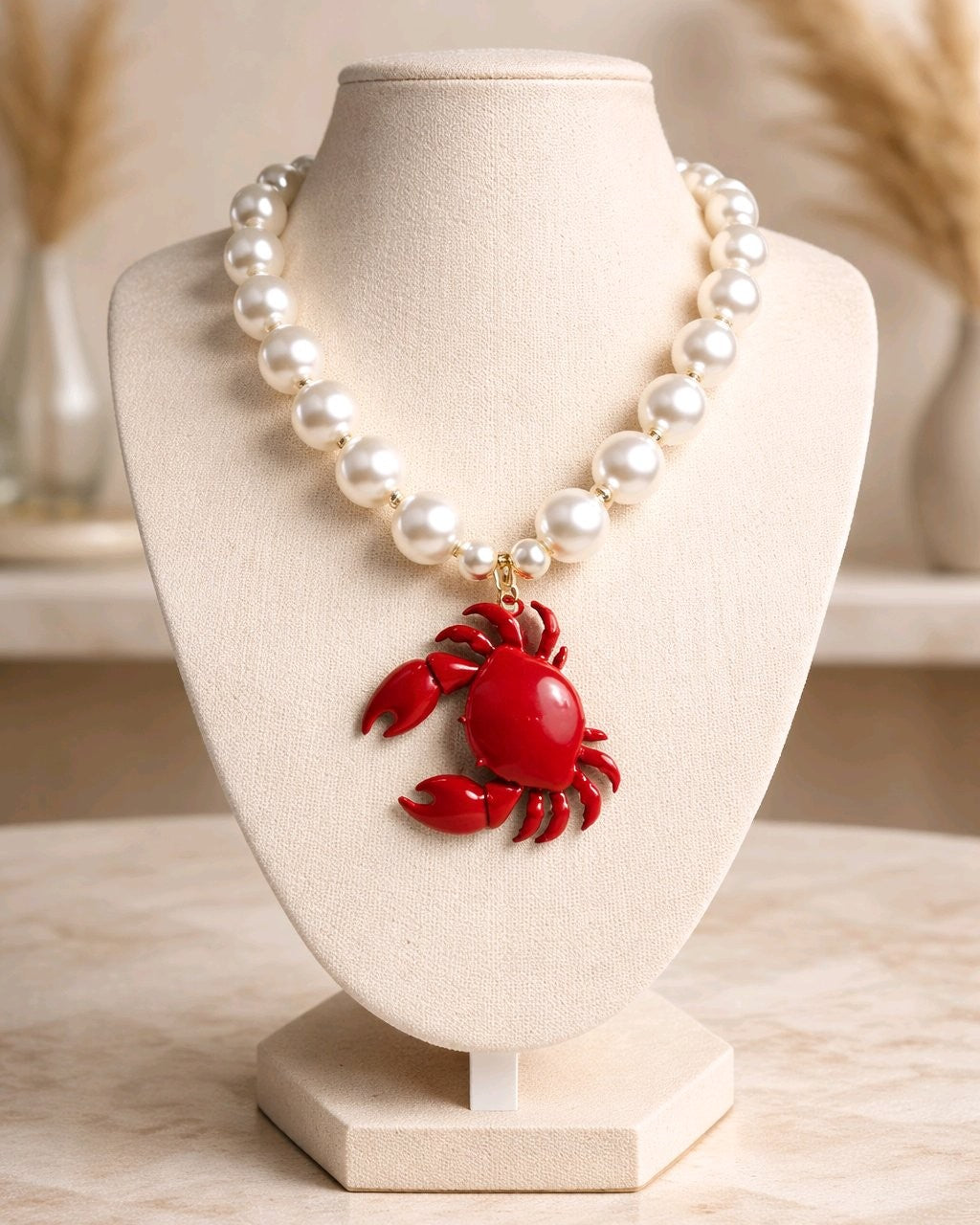 Collar Cuencas Perlas Blancas Dije Cangrejo Rojo
