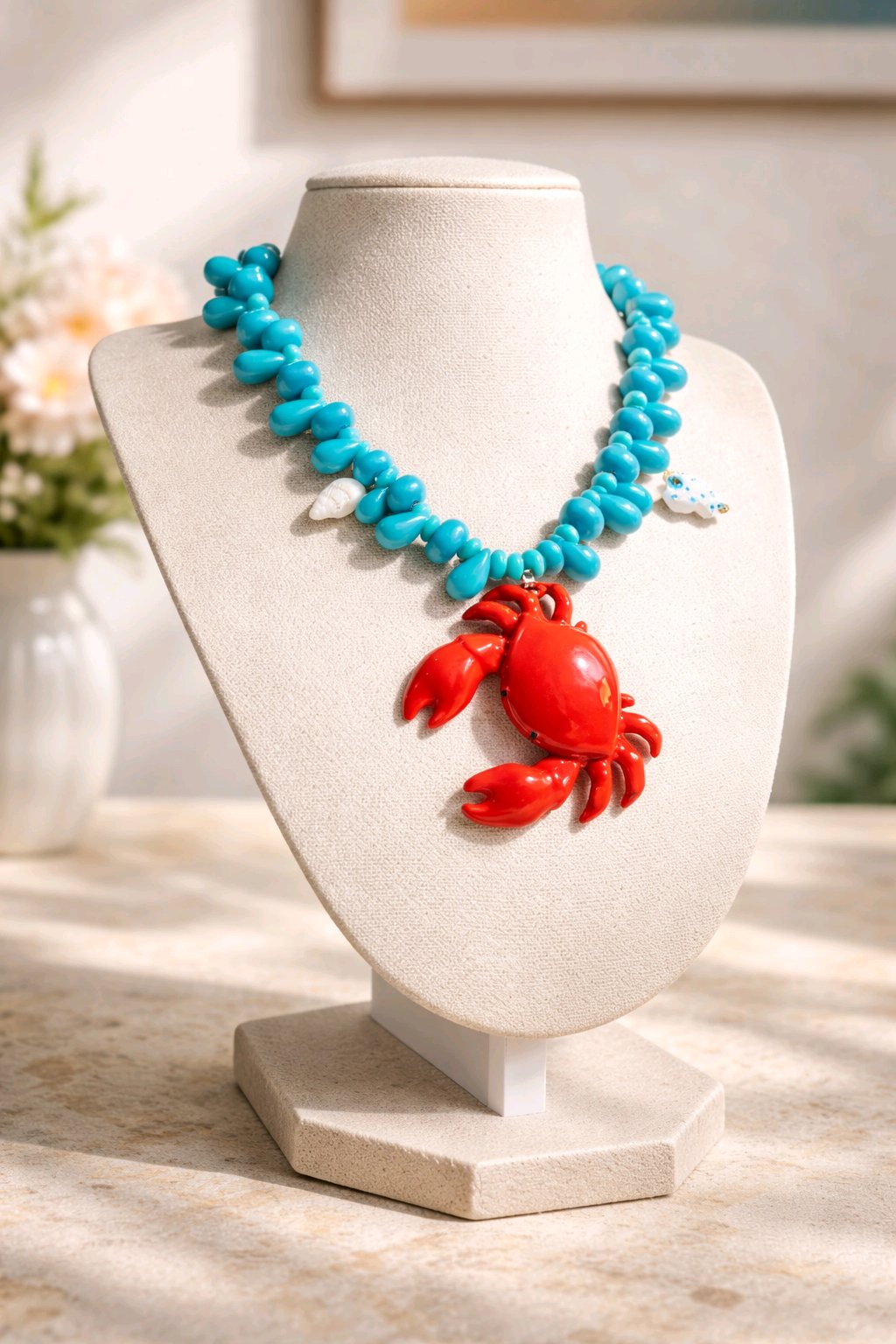Collar Cuencas Gotas Turquesa Dije Cangrejo Rojo