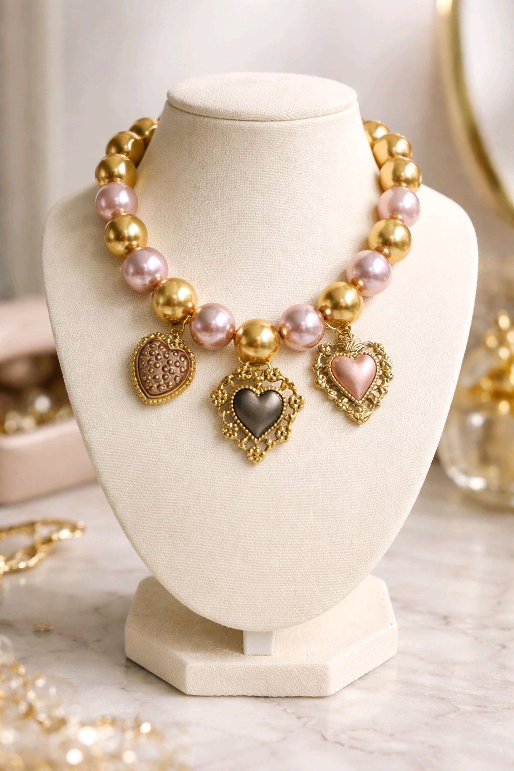 Collar Cuencas Perlas Doradas y Lilas Dijes Varios Corazones