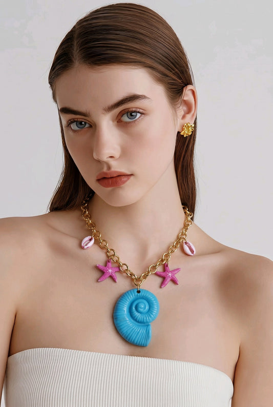 Collar Cadena Eslabón Dorada Dijes Varios Caracola Turquesa