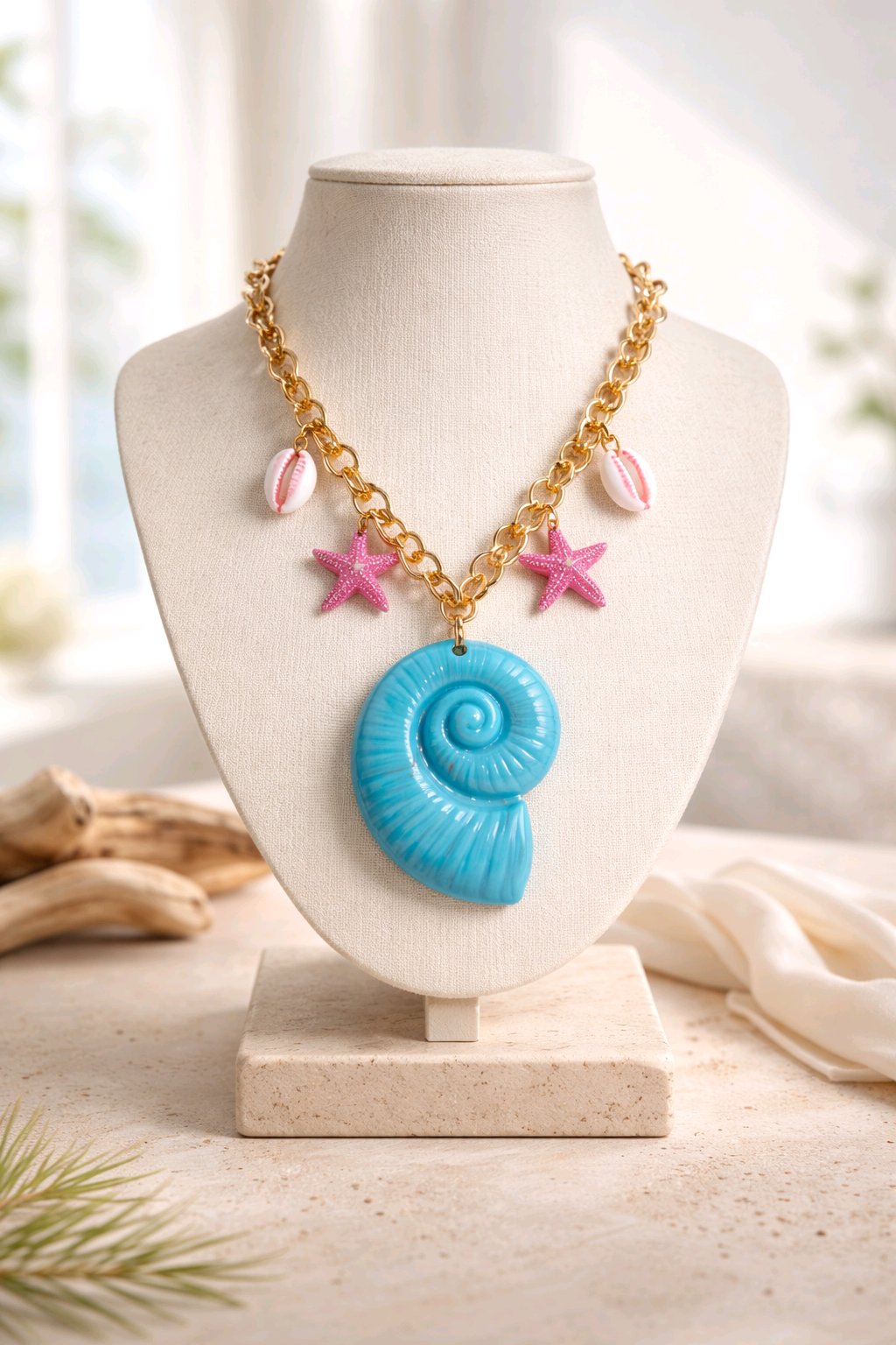 Collar Cadena Eslabón Dorada Dijes Varios Caracola Turquesa