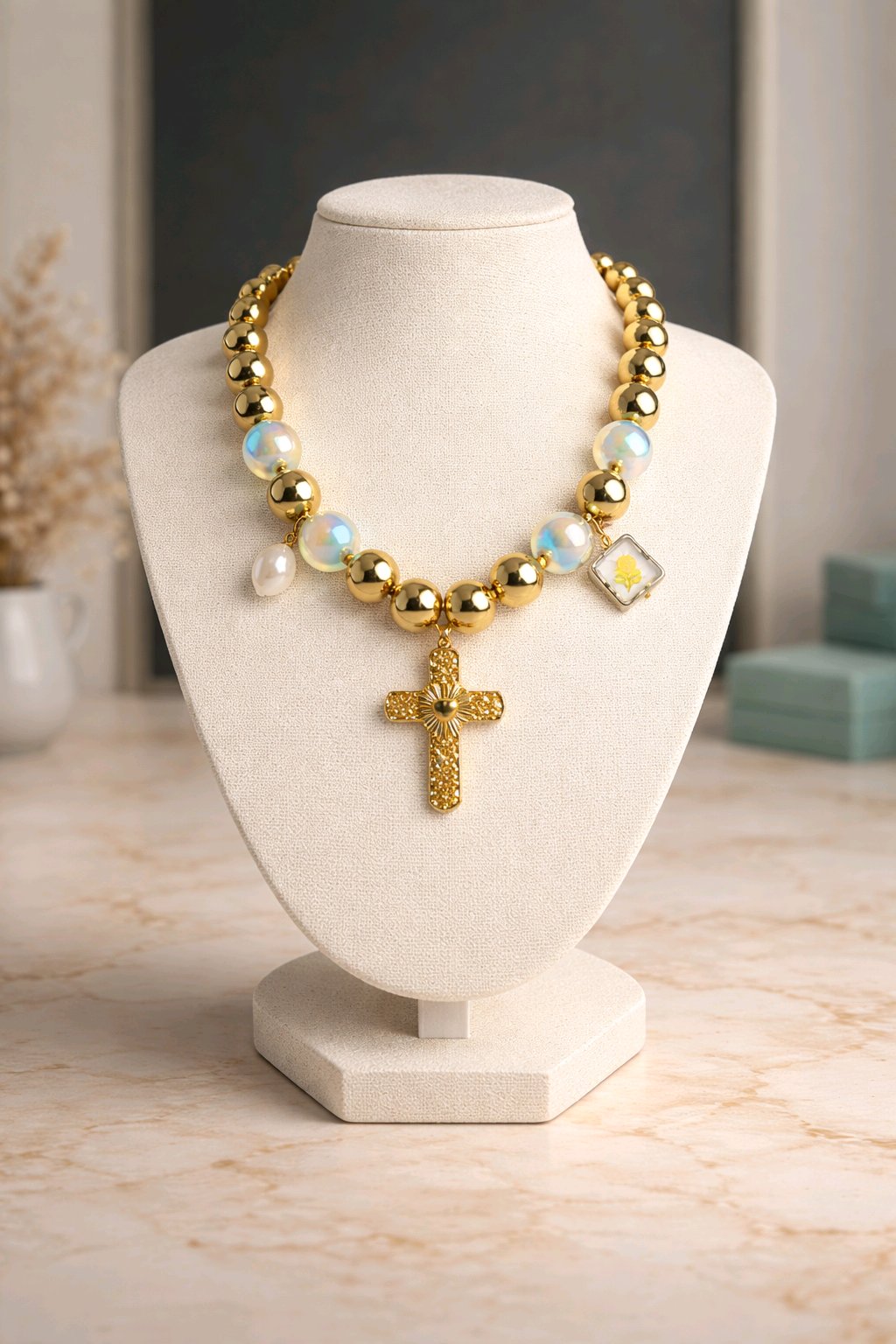 Collar Cuencas Doradas Metalizadas y Azules Dijes Varios Cruz Dorada