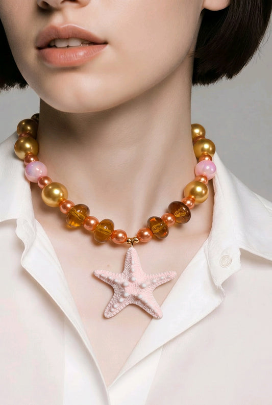 Collar Cuencas Doradas y Rosas Dije Estrella Mar Rosa