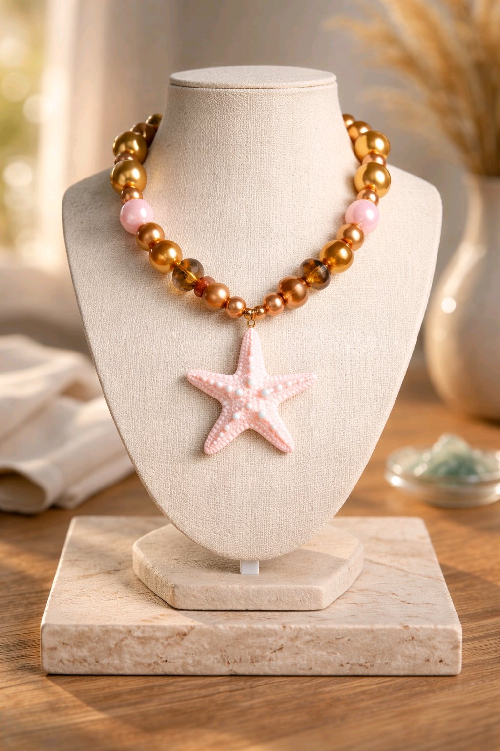 Collar Cuencas Doradas y Rosas Dije Estrella Mar Rosa