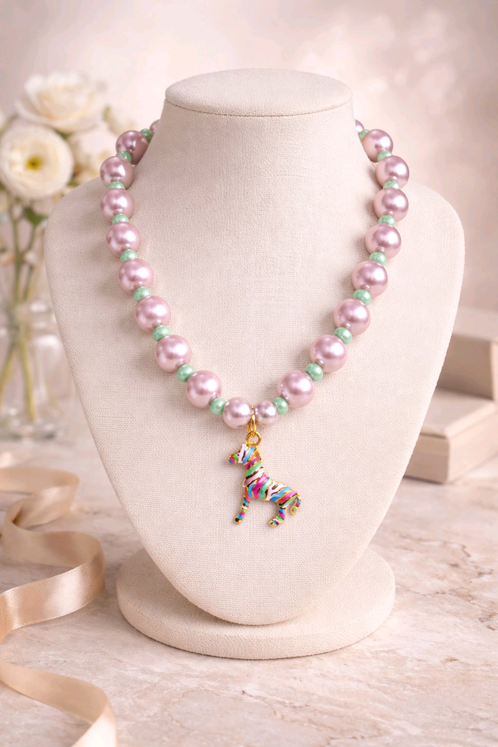 Collar Cuencas Palo Rosa con Verde Dije Cebra Multicolor