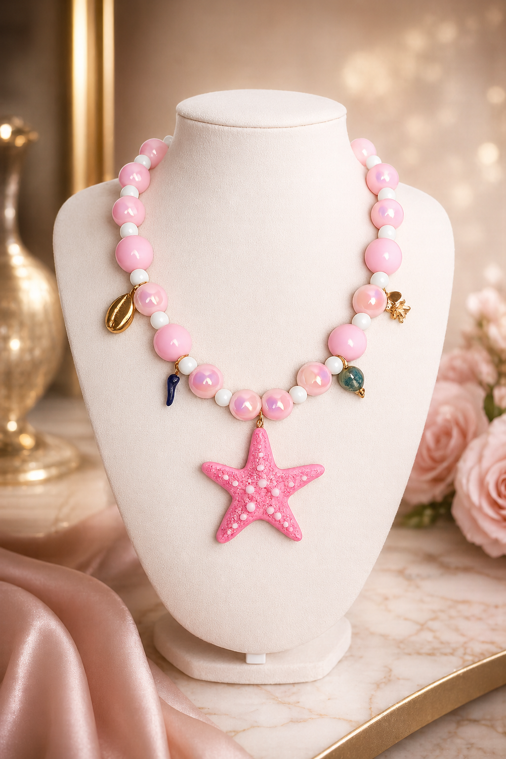 Collar Cuencas Rosadas y Blancas Dijes Varios Estrella Mar Rosada