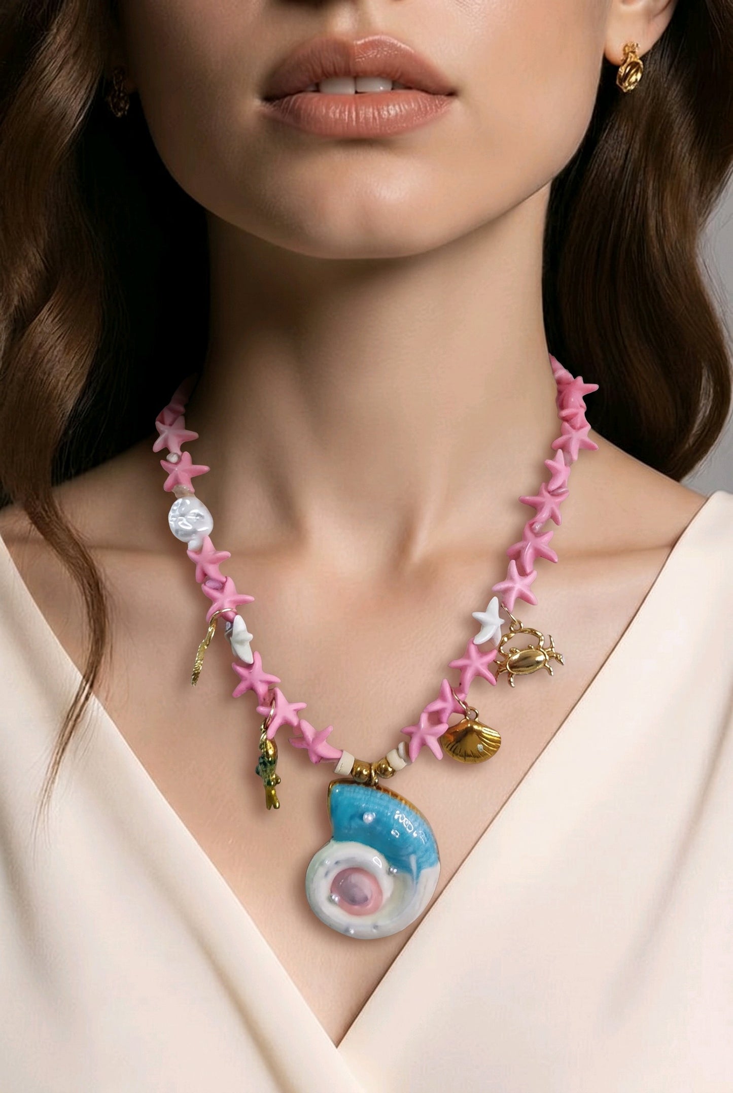 Collar de Estrella Rosadas Dijes Varios Caracol Rosado y Azul