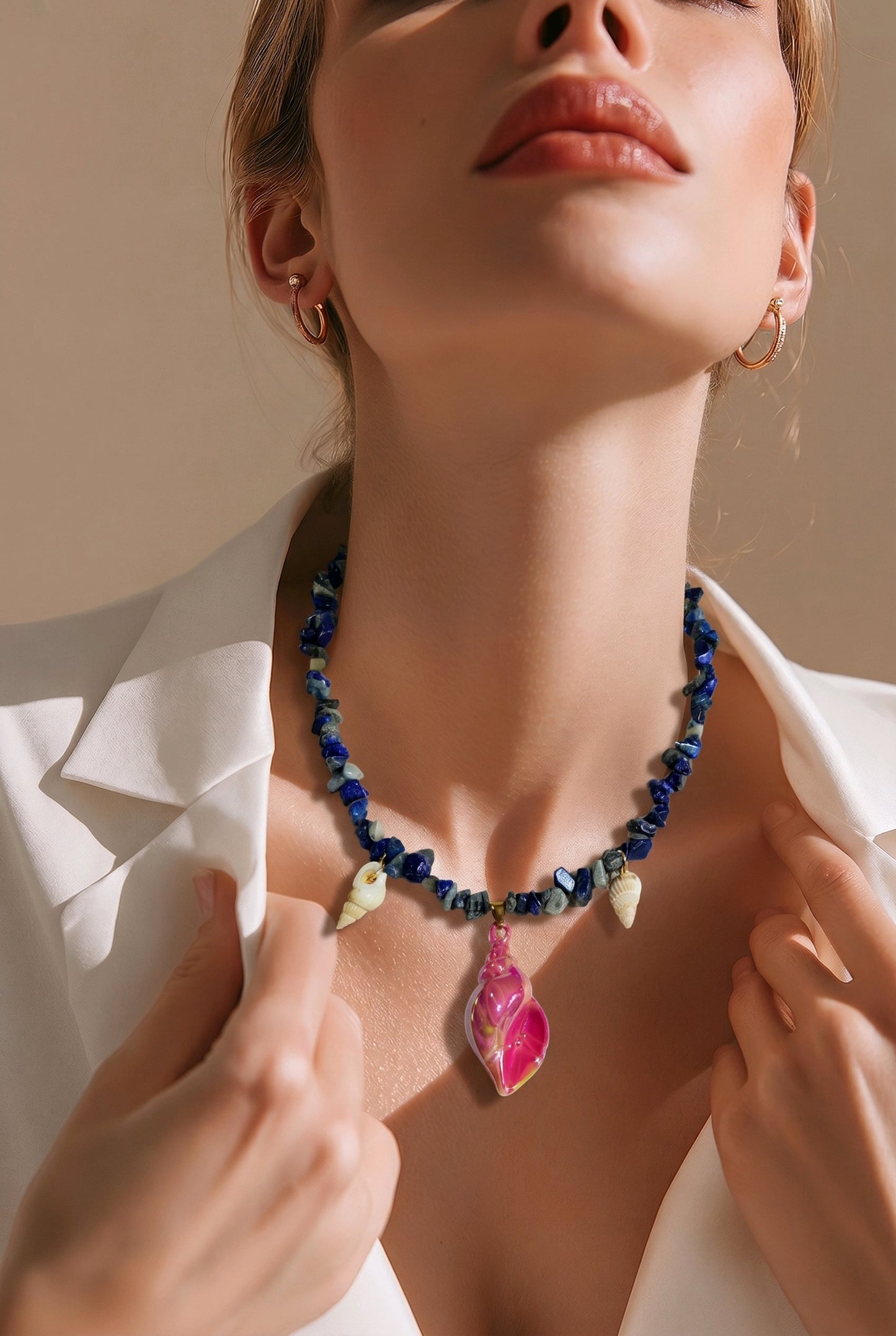 Collar Piedra Mineral Cuarzo Sodalita Dijes Varios Caracol Fiusha Metalizado