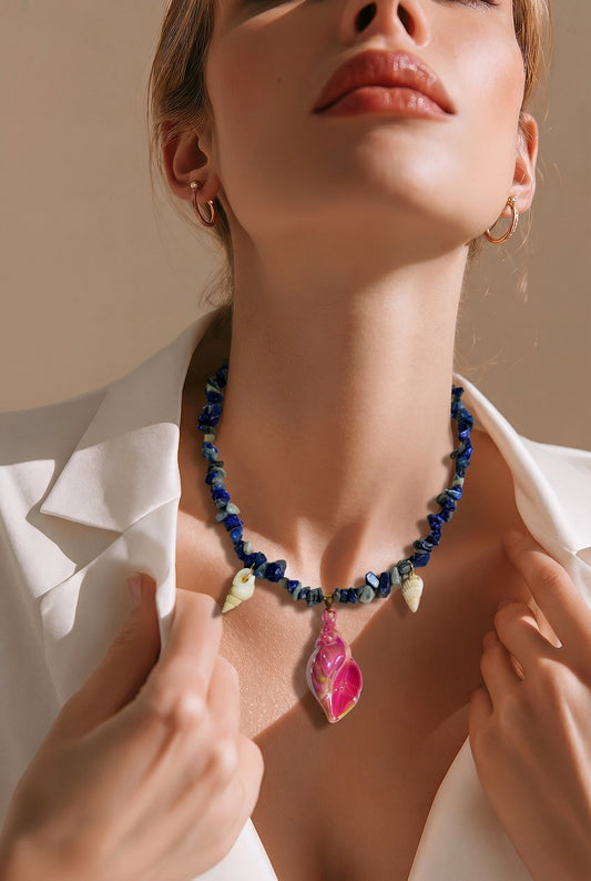 Collar Piedra Mineral Cuarzo Sodalita Dijes Varios Caracol Fiusha Metalizado