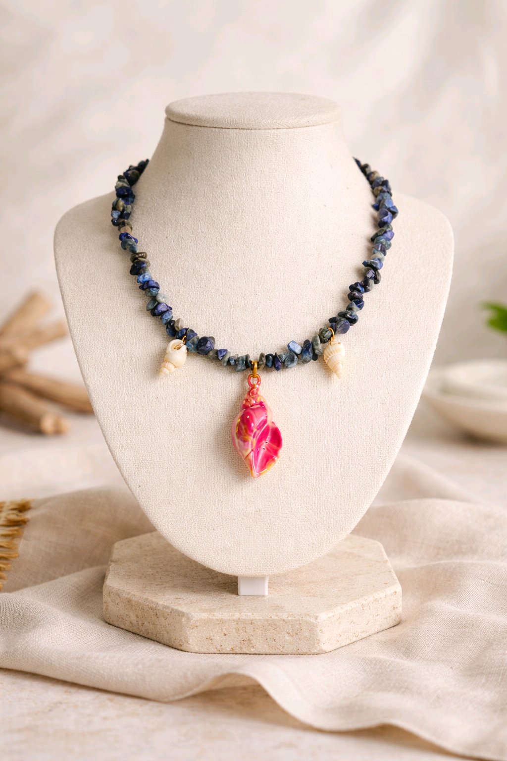 Collar Piedra Mineral Cuarzo Sodalita Dijes Varios Caracol Fiusha Metalizado