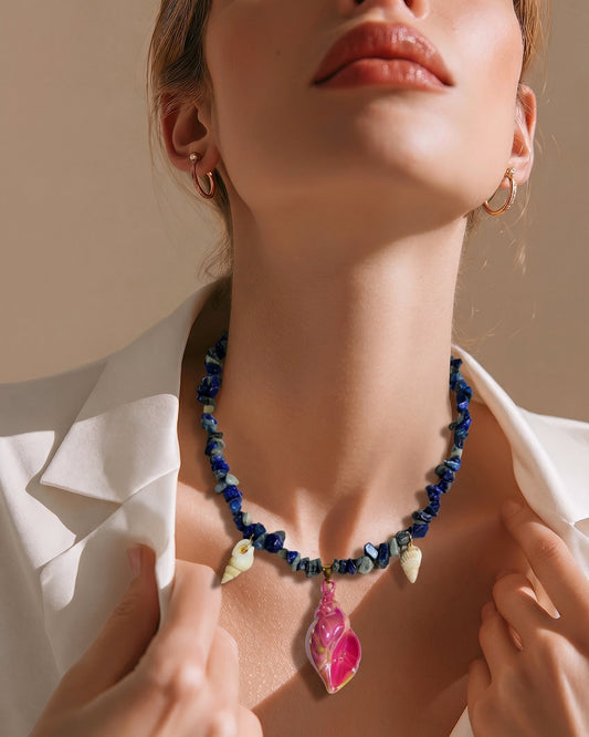 Collar Piedra Mineral Cuarzo Sodalita Dijes Varios Caracol Fiusha Metalizado