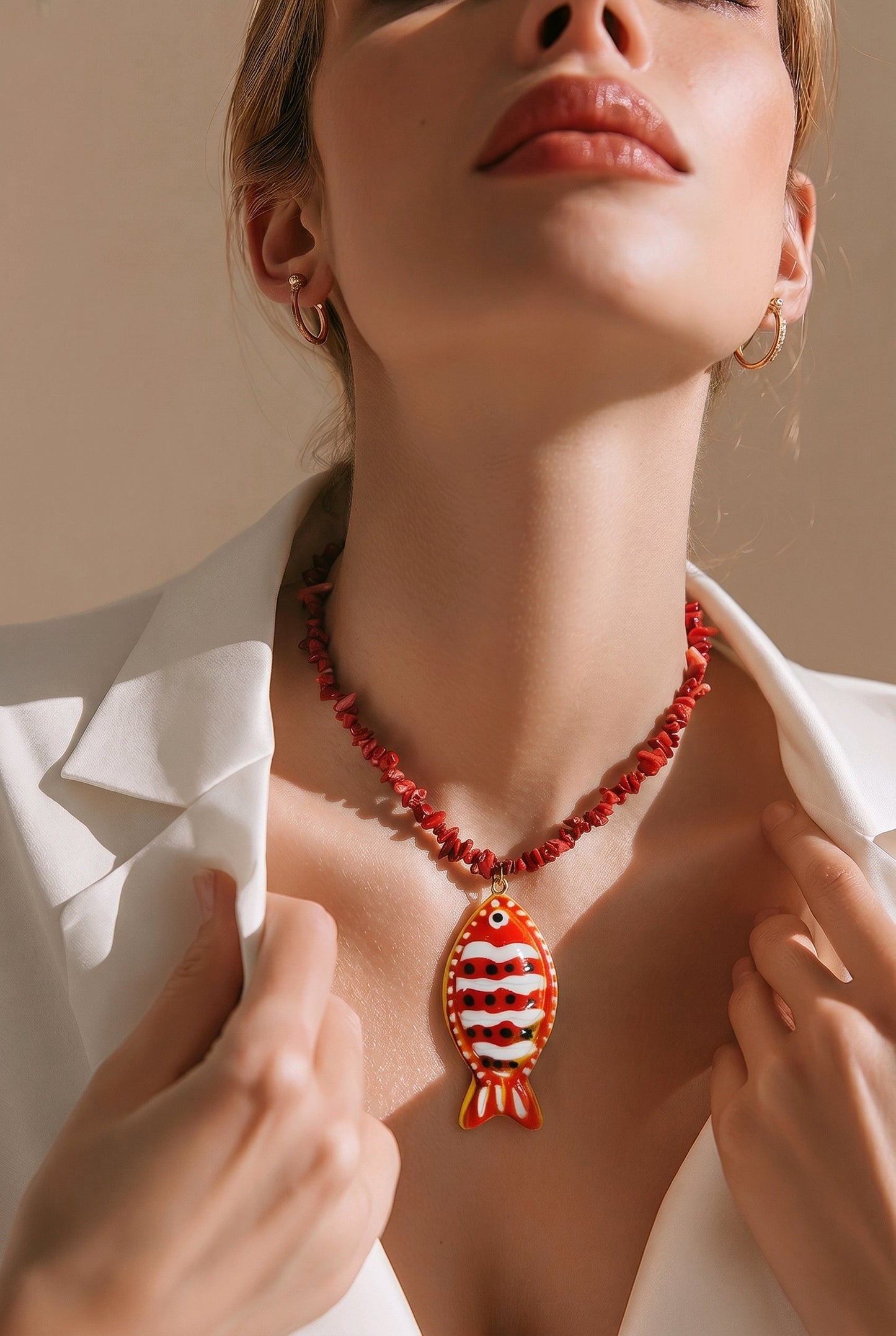 Collar Piedra Mineral Jaspe Rojo Dije Pez Rojo