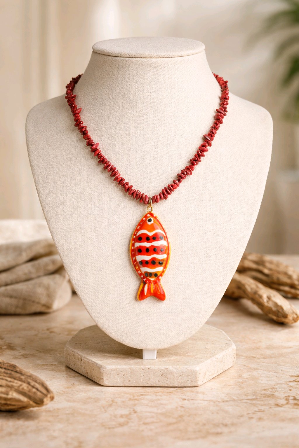 Collar Piedra Mineral Jaspe Rojo Dije Pez Rojo