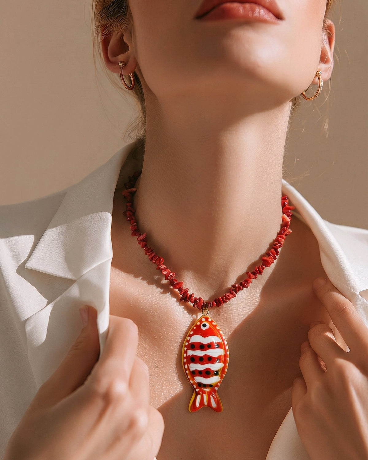 Collar Piedra Mineral Jaspe Rojo Dije Pez Rojo
