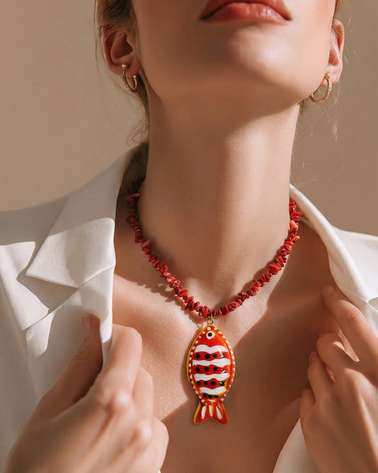 Collar Piedra Mineral Jaspe Rojo Dije Pez Rojo