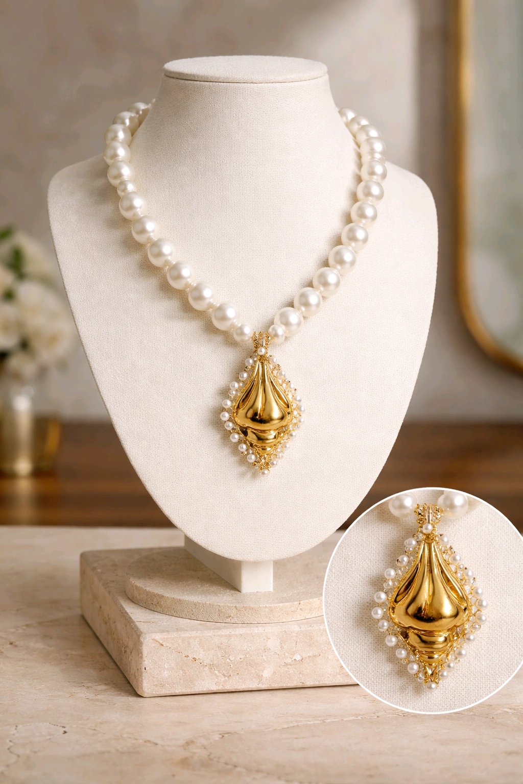 Collar Cuencas Perlas Blancas Dije Caracol Dorado con Perlas