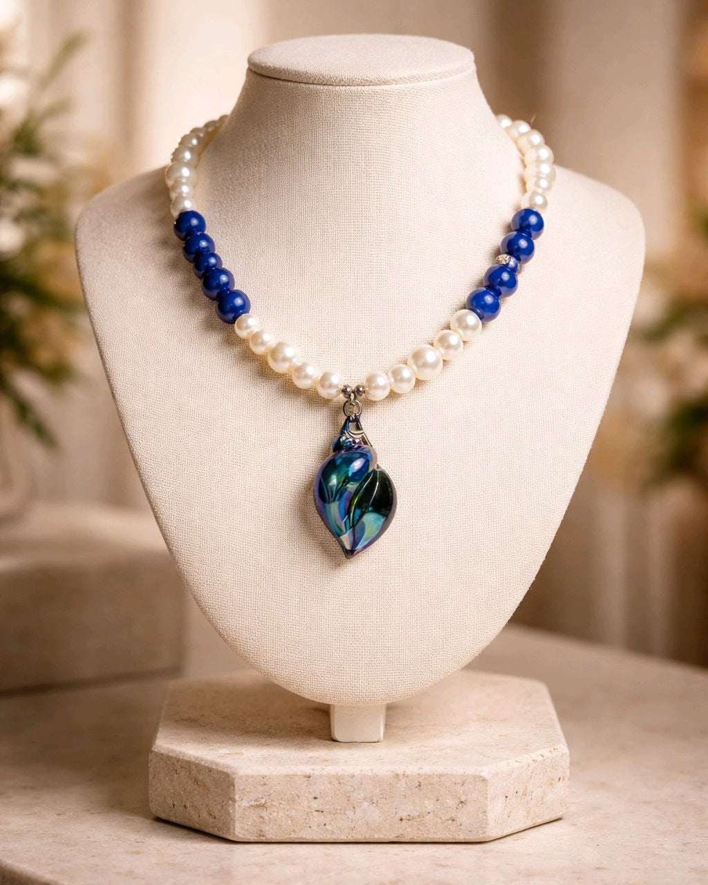 Collar Cuencas Blancas y Azules Dije Caracol Tornasol