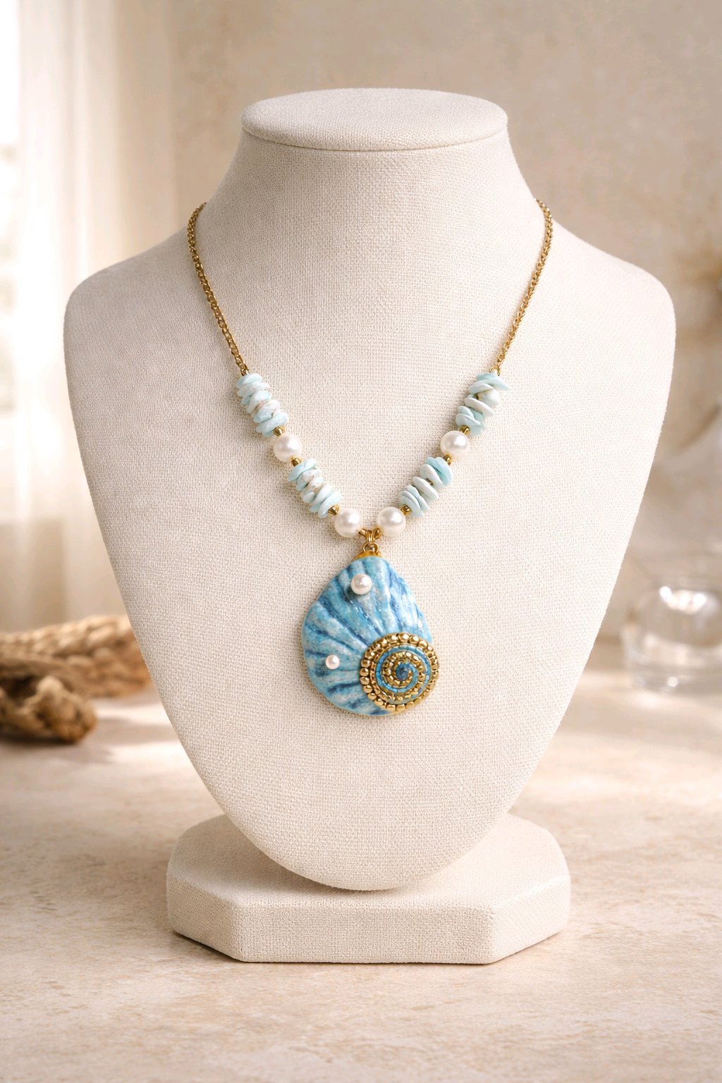 Collar Lajas Azules Dije Caracol Azul y Dorado
