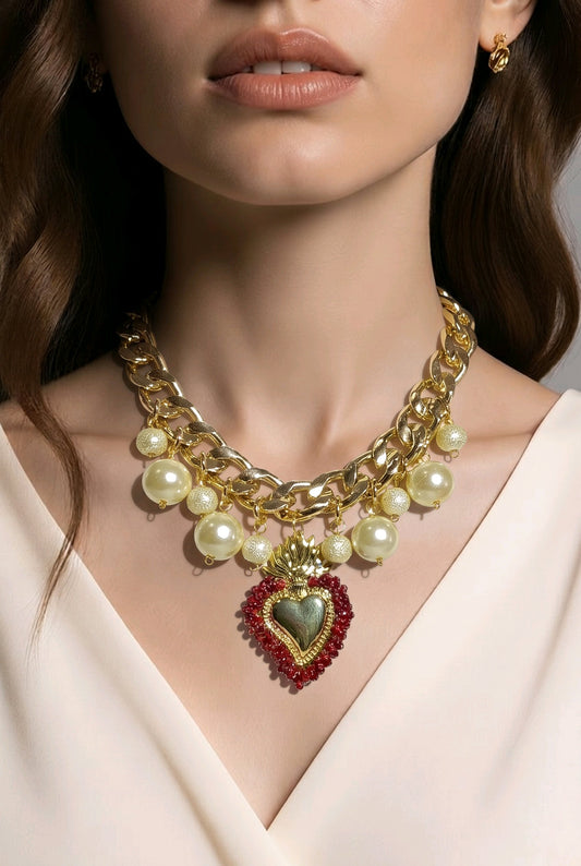 Collar Cadena Eslabón Dorada Dijes Varios Sagrado Corazón Dorado Rojo