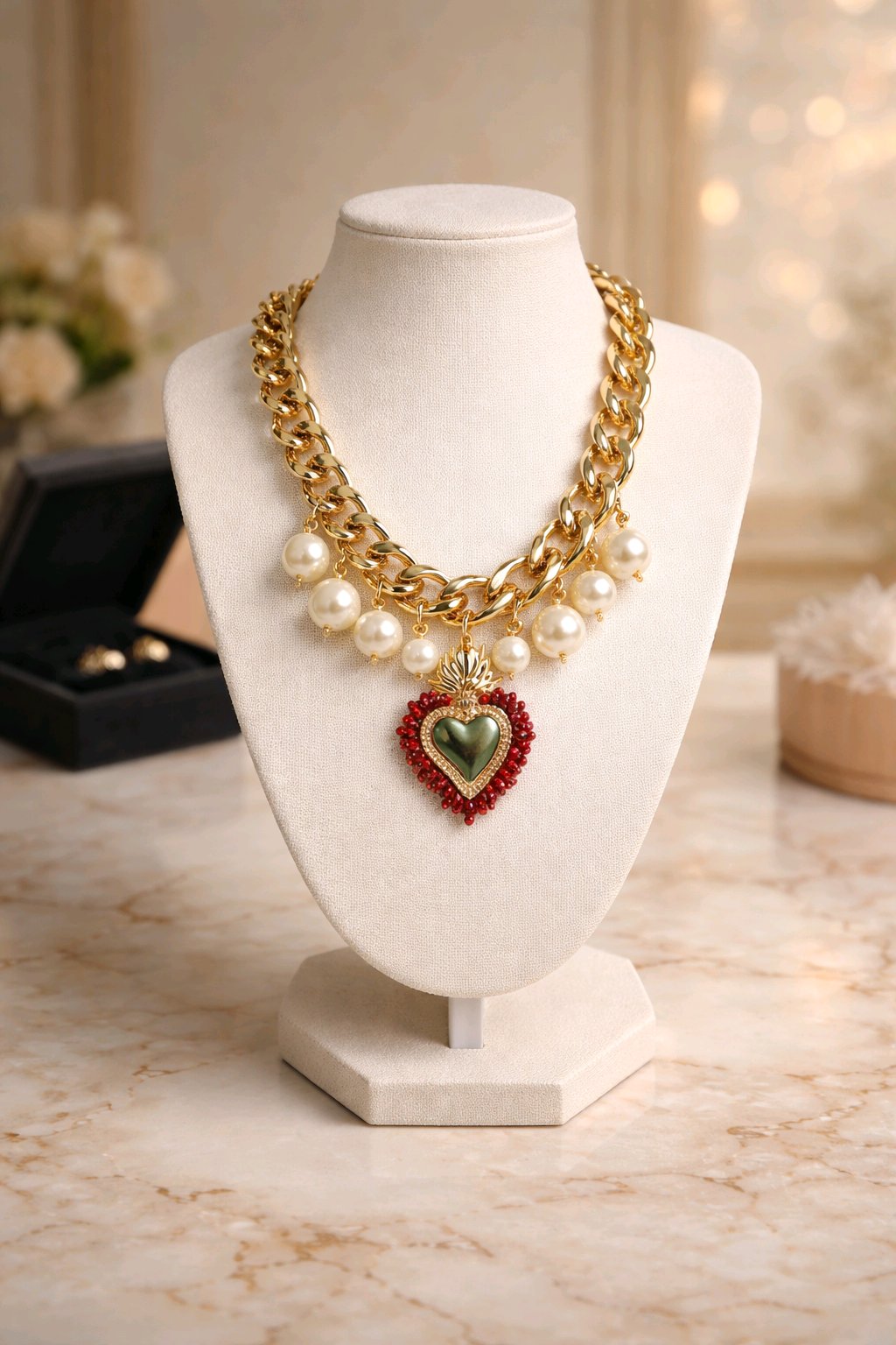Collar Cadena Eslabón Dorada Dijes Varios Sagrado Corazón Dorado Rojo