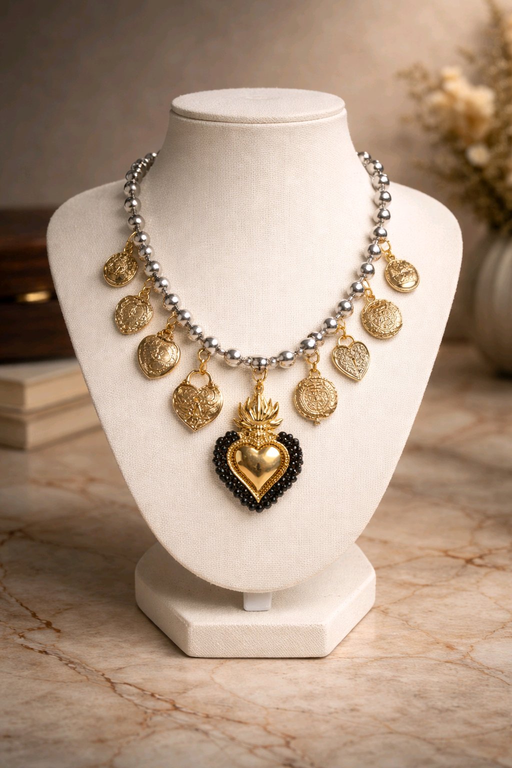 Collar Balín Plateado 8mm Dijes Dorados Varios Corazones
